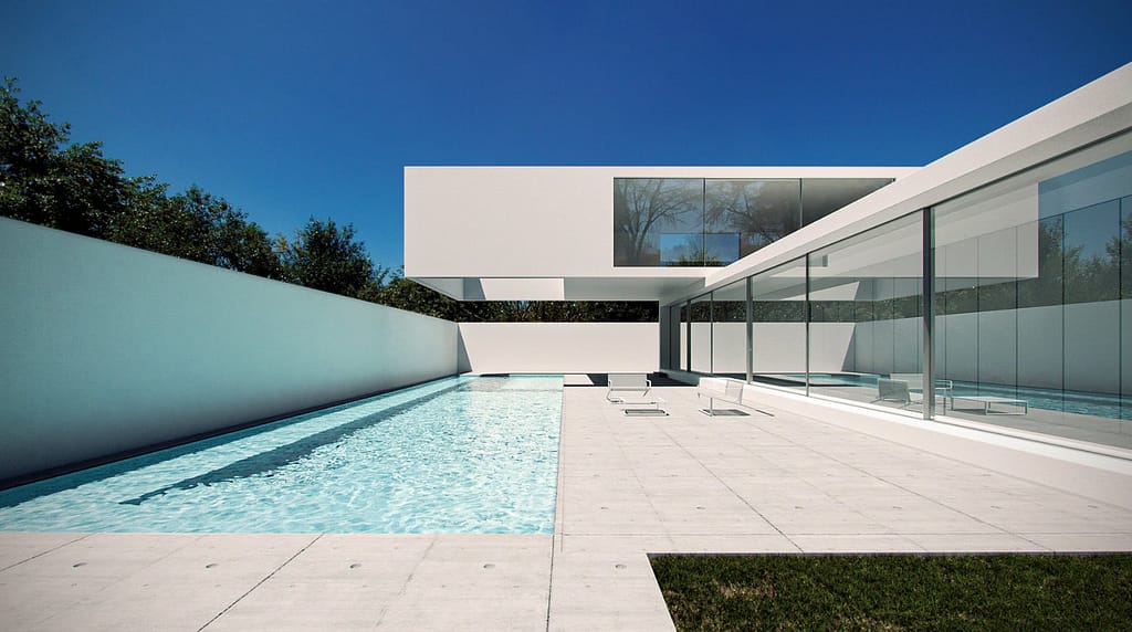 Modern 3D exterior render of a villa, and it has a ample pool.