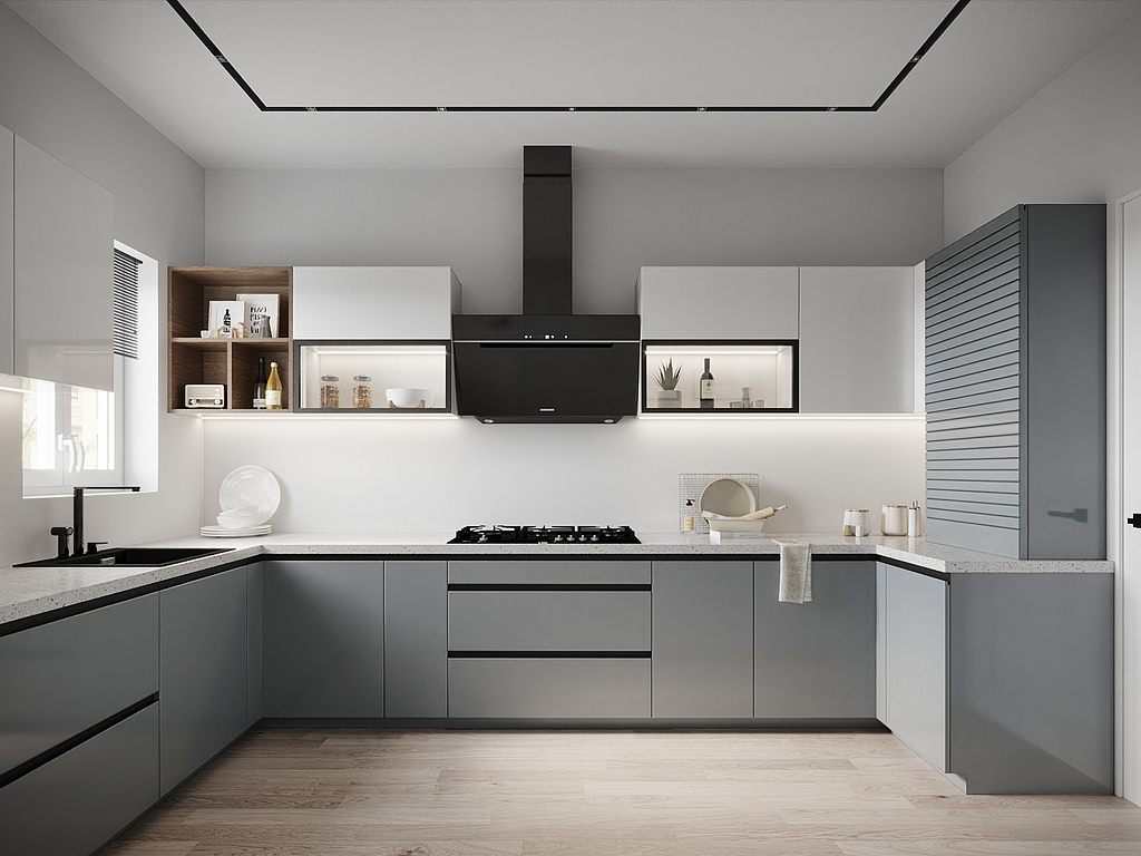 Modern 3d render of kitchen with gray color theme.