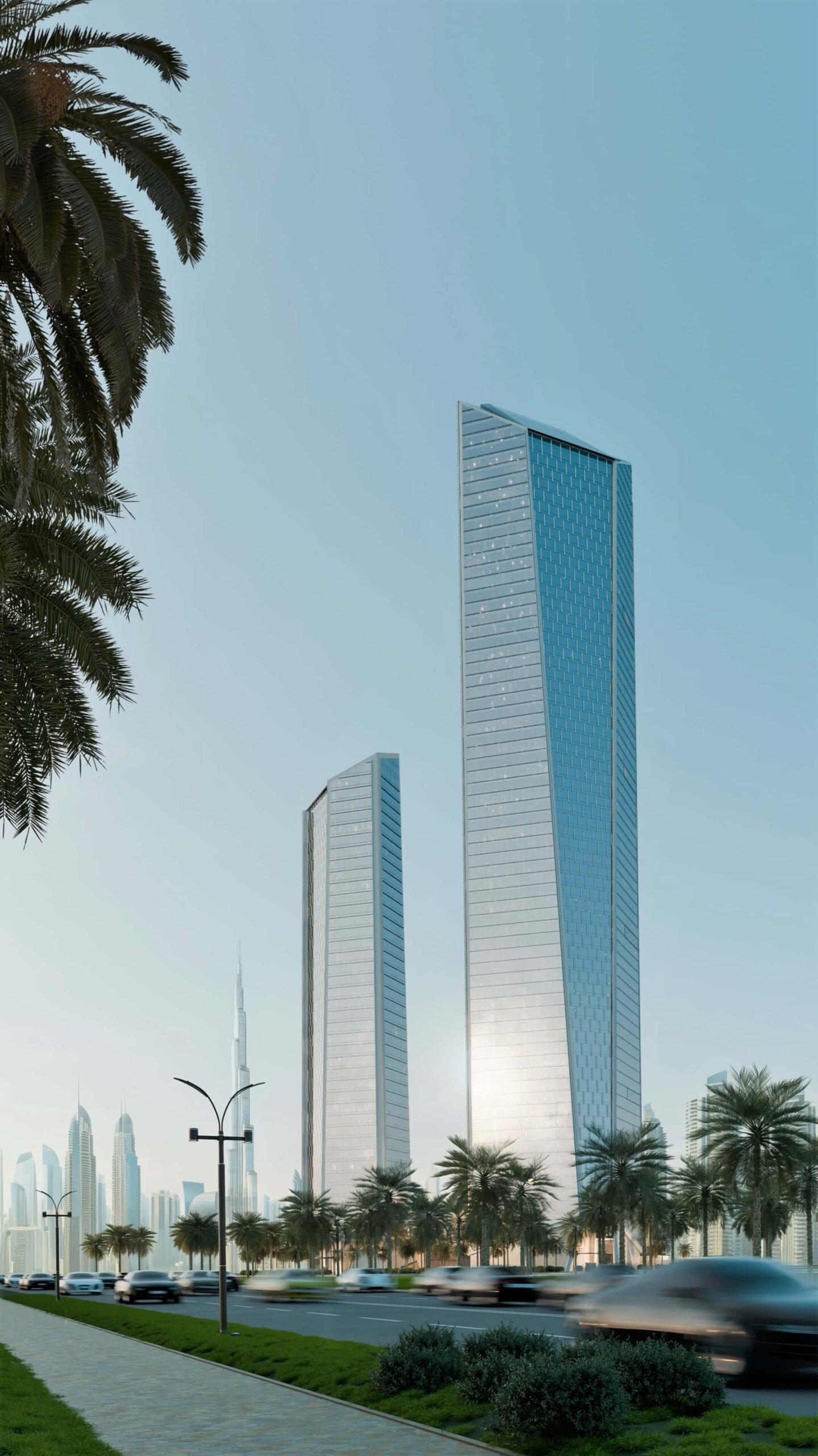 3d rendered Daylight view of a twin skyscraper from a road corner in Dubai.
