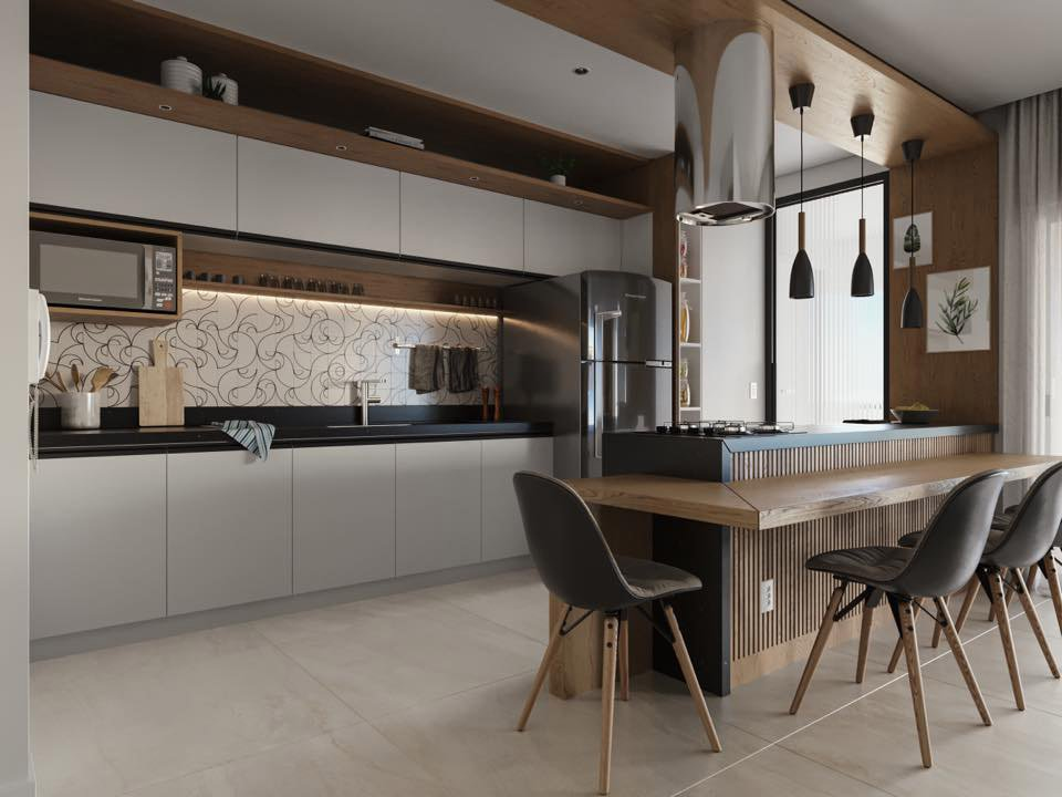 A modern 3D rendering of the dining area and kitchen.